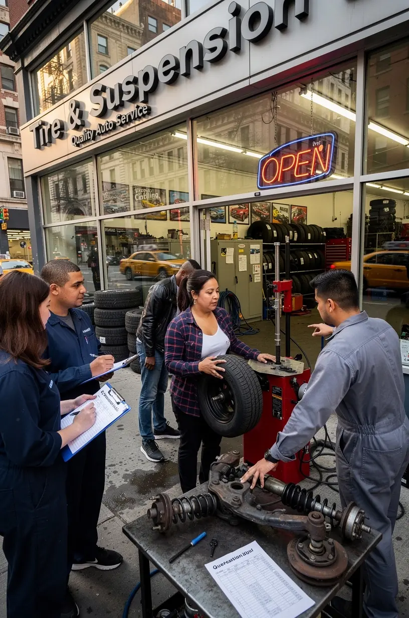 Experienced technician inspecting tire tread depth in a busy New York tire repair workshop
