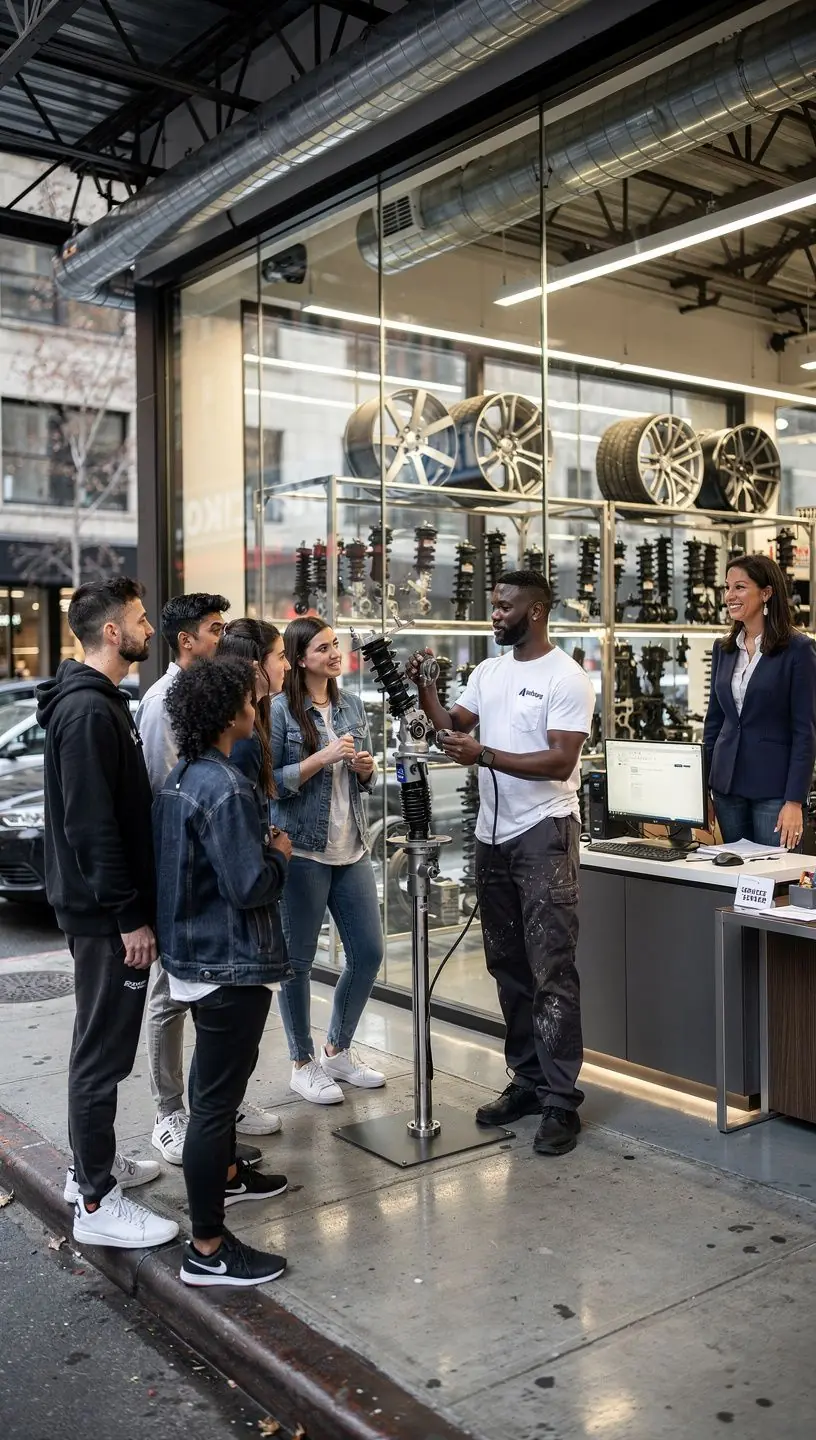 Mechanic explaining tire maintenance tips to a customer in a New York city auto repair shop